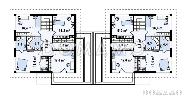 Проект двухэтажных домов-близнецов из кирпича с открытой террасой над большим гаражом / План мансардного этажа