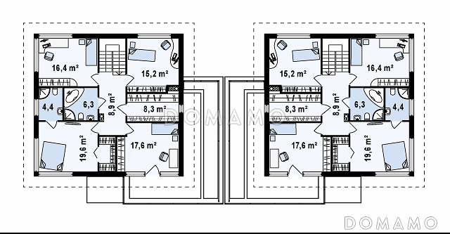 Проект двухэтажных домов-близнецов из кирпича с открытой террасой над большим гаражом / План мансардного этажа