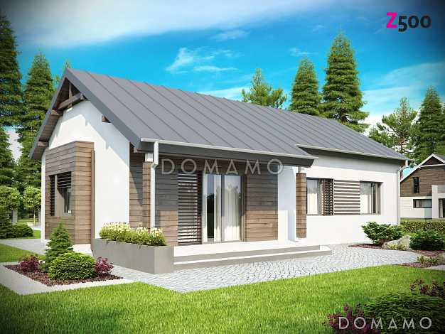 Проект одноэтажного дома из кирпича с современными фасадами и эркерами