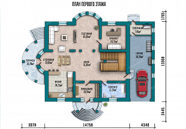 Проект усадьбы в классическом стиле с четырьмя спальнями, кабинетом, гаражом и подвалом / План 1 этажа