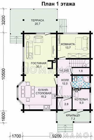 Проект дома в скандинавском стиле с просторной гостиной и выходом на террасу / План 1 этажа