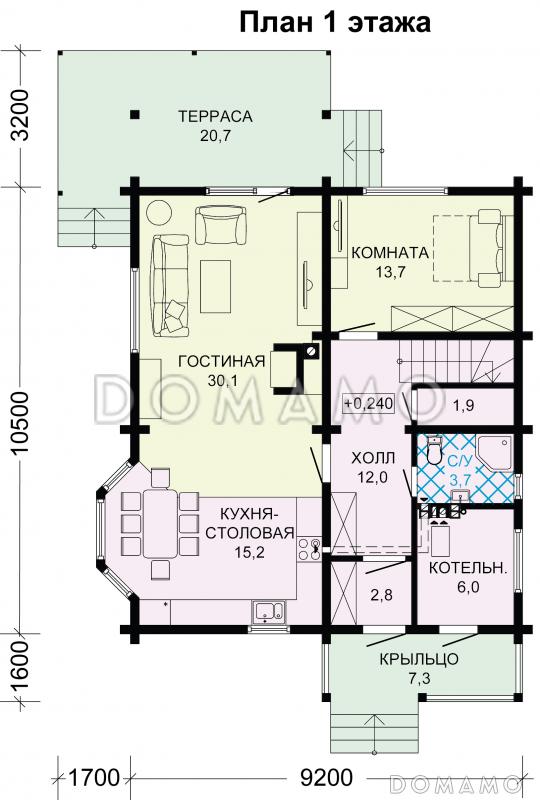 Проект дома в скандинавском стиле с просторной гостиной и выходом на террасу / План 1 этажа