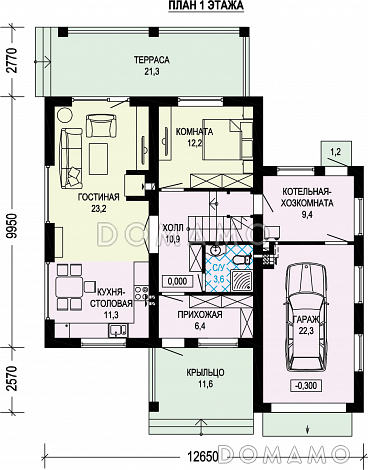Проект двухэтажного дома с гаражом, террасой и тремя спальнями на втором этаже / План 1 этажа