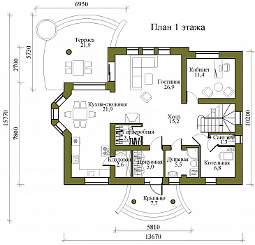 Проект двухэтажного газобетонного дома с тремя балконами, округлыми террасой и крыльцом / План 1 этажа