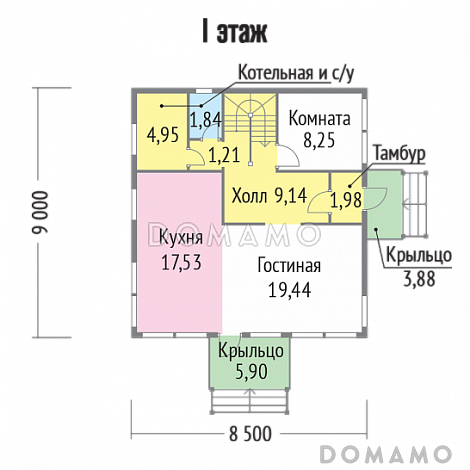 Проект современного дома из клееного бруса с двумя небольшими балконами на втором этаже / План 1 этажа