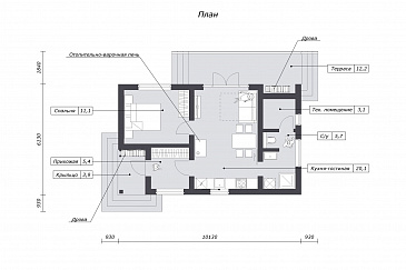 Проект гостевого дома со спальней, террасой и местом для хранения дров / План 1 этажа