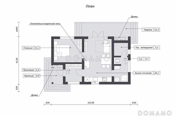 Проект гостевого дома со спальней, террасой и местом для хранения дров / План 1 этажа