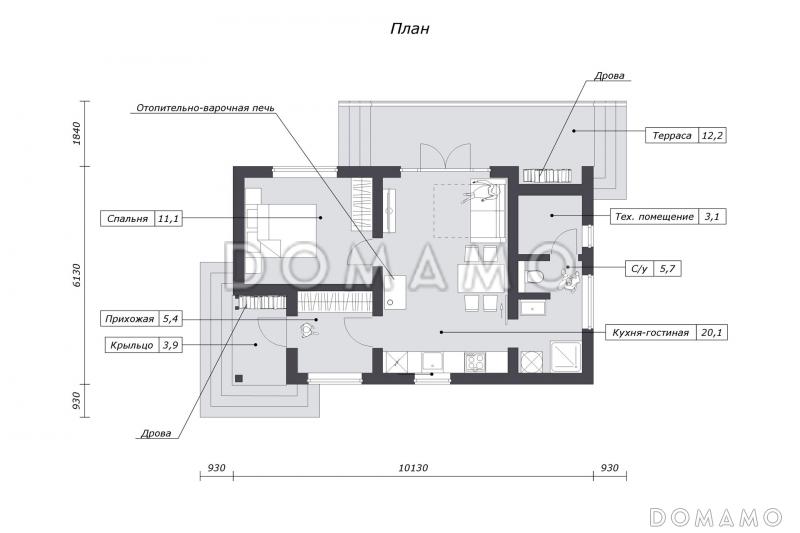 Проект гостевого дома со спальней, террасой и местом для хранения дров / План 1 этажа