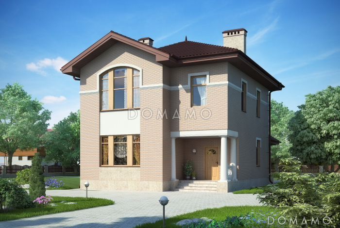 Проект дома с крытой террасой, колоннами, кухней-столовой с полукруглой стеной на террасу, эркером, спальнями и кабинетом на втором этаже