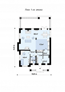 Проект современного двухэтажного дома из газобетона с пятью комнатами и крытой террасой, без гаража / План 1 этажа