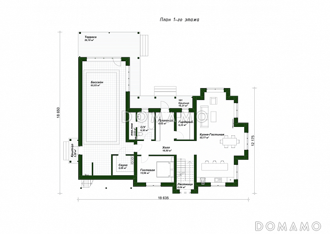 Проект дома со спа-зоной, 5 спальнями и просторным холлом на втором этаже / План 1 этажа