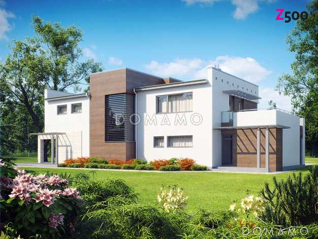 Проект современного двухэтажного дома в стиле хай-тек из кирпича с плоской крышей, балконом и гаражом с двумя отдельными въездами