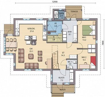 Проект каркасного дома с эркером, сауной на первом этаже / План 1 этажа