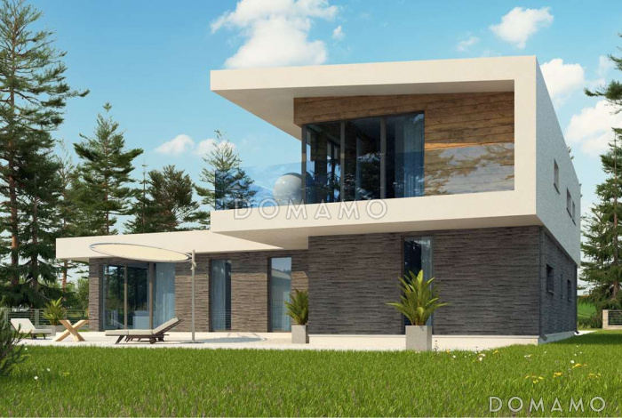 Проект современного двухэтажного дома из кирпича с плоской крышей, четырьмя комнатами и одноместным гаражом