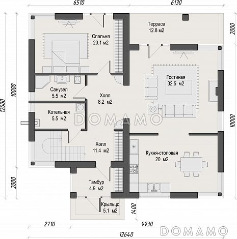 Проект двухэтажного кирпичного дома с двумя балконами на втором этаже / План 1 этажа