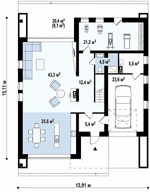 Проект современного двухэтажного дома из кирпича с тремя спальнями, спортзалом и гаражом / План 1 этажа