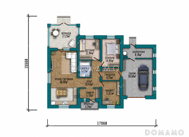 Проект одноэтажного дома с гаражом и крытой верандой в классическом стиле / План 1 этажа