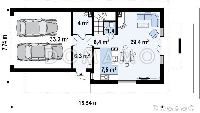 Проект одноэтажного мансардного дома из кирпича с гаражом на два автомобиля для вытянутого участка / План 1 этажа