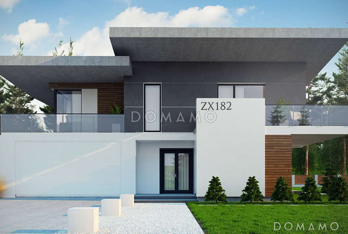 Проект просторного современного двухэтажного дома из газобетона с плоской крышей,  с четырьмя спальнями, гаражом и террасами на обоих этажах