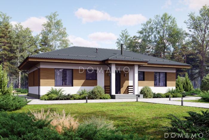 Проект одноэтажного дома из керамоблока с 4 комнатами, 3 санузлами и крытой террасой