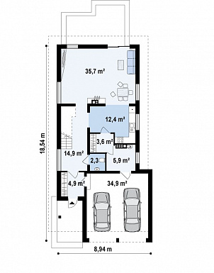 Проект одноэтажного мансардного дома из газобетона с гаражом на два автомобиля и террасой над гаражом  / План 1 этажа