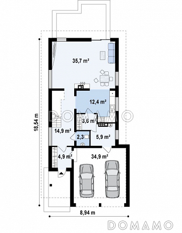 Проект одноэтажного мансардного дома из газобетона с гаражом на два автомобиля и террасой над гаражом  / План 1 этажа