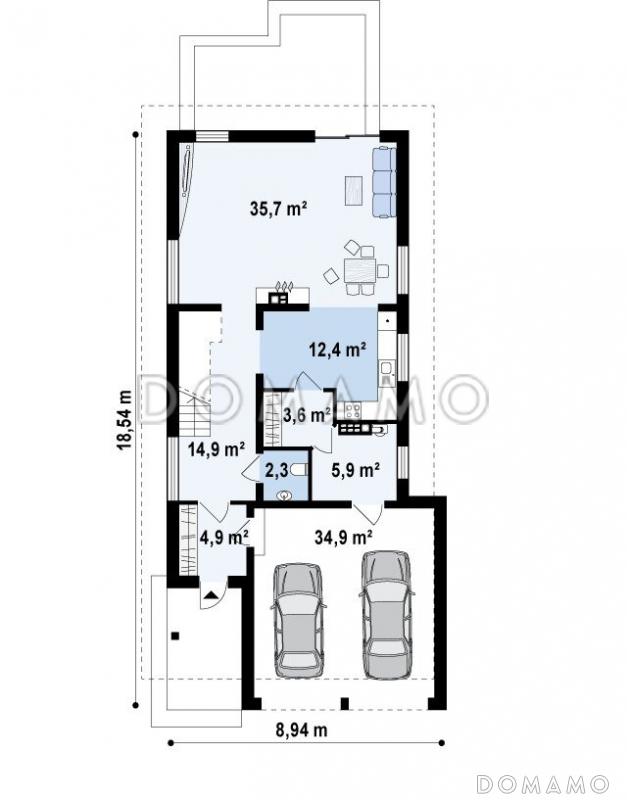 Проект одноэтажного мансардного дома из газобетона с гаражом на два автомобиля и террасой над гаражом  / План 1 этажа