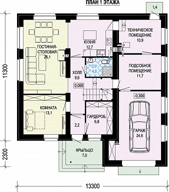 Проект двухэтажного газобетонного дома с гаражом и объединенной спальней, гардеробной и кабинетом / План 1 этажа