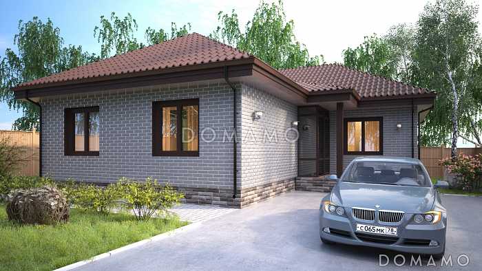 Проект компактного одноэтажного дома из СИП панелей с тремя спальнями и большой кухней-столовой-гостиной