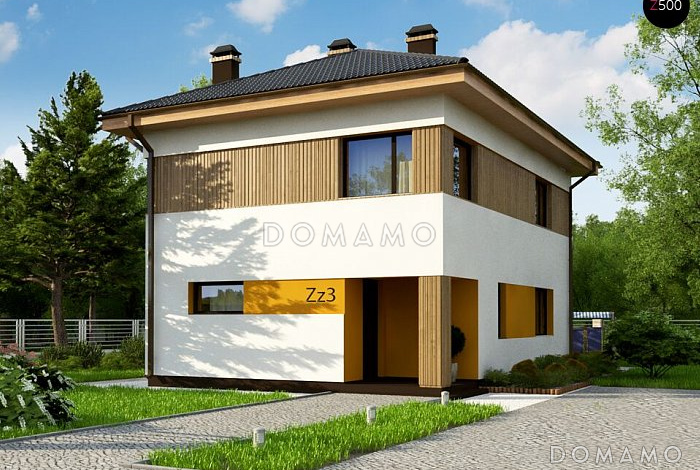 Проект классического двухэтажного дома из кирпича с четырьмя комнатами, техническим помещением и небольшой угловой террасой