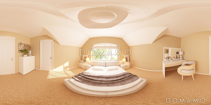 Проект одноэтажного мансардного дома из газобетона с кирпичной облицовкой с двумя балконами и барбекю на террасе 