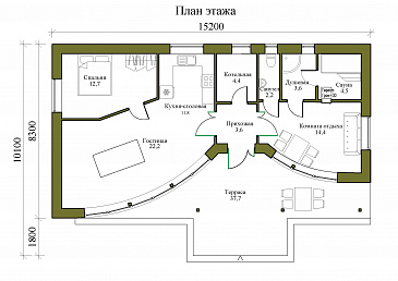 Проект одноэтажной бани с панорамным остеклением, крытой террасой, спальней / План 1 этажа