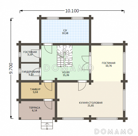 Проект деревянного дома из клееного бруса с большой туалетной комнатой / План 1 этажа
