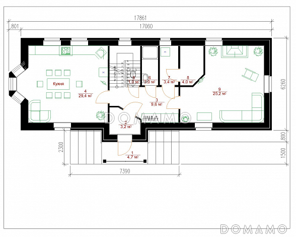 Проект просторного коттеджа из кирпича для узкого участка / План 1 этажа