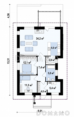 Проект простого уютного одноэтажного дома из газобетона с двумя спальнями / План 1 этажа