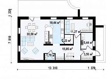 Проект двухэтажного дома из газобетона с двухскатной крышей с четырьмя комнатами и длинным общим балконом / План 1 этажа