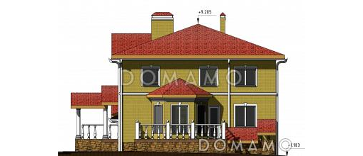 Проект двухэтажного коттеджа с цоколем, с гаражом на два автомобиля / Фасад 3