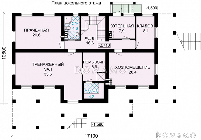 Проект особняка из бруса с цокольным этажем, тренажерным залом и панорамнымии окнами / План цокольного этажа