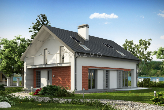 Проект одноэтажного мансардного дома из кирпича с балконом и современными элементами экстерьера