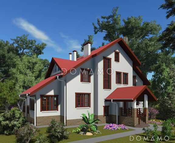 Проект двухэтажного дома с цокольным и мансардным этажами, с сауной и зимним садом