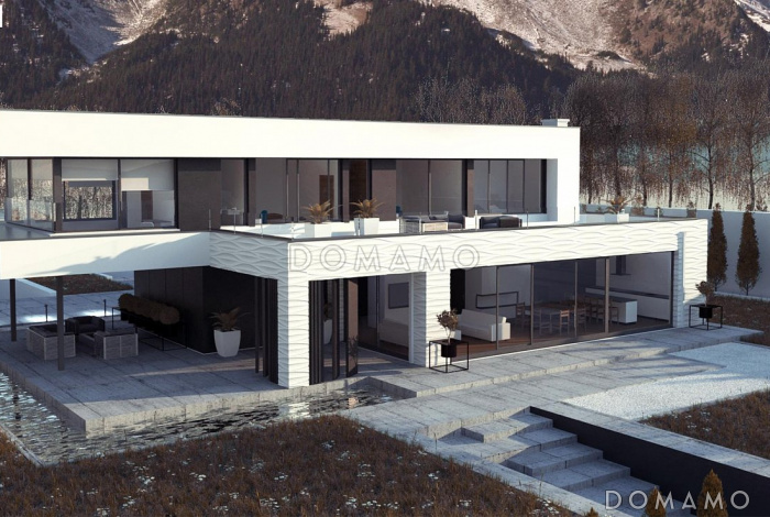 Проект просторного современного двухэтажного дома из газобетона с плоской крышей,  с верандой, гаражом и террасами на обоих этажах