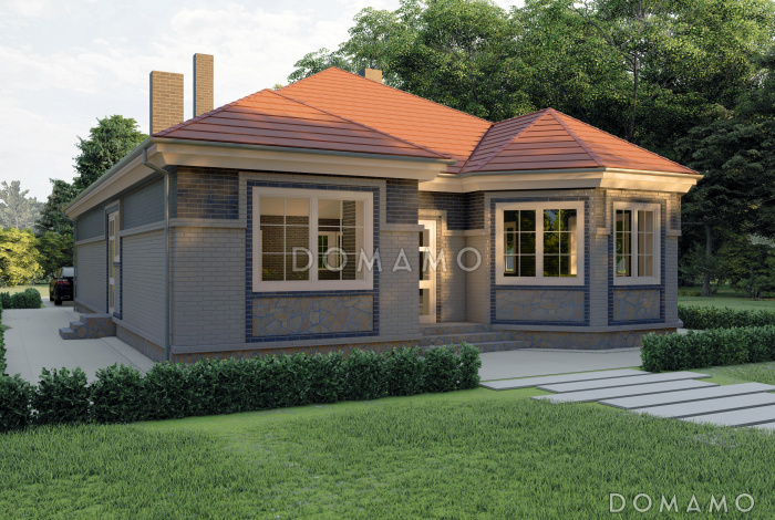 Проект одноэтажного дома с двумя эркерами и подвалом