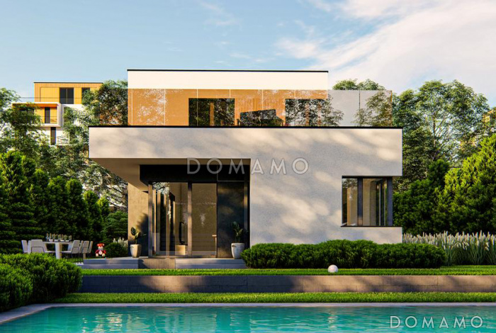 Проект двухэтажного дома с гаражом на 2 машины, угловой кухней, кабинетом, хозяйской спальней