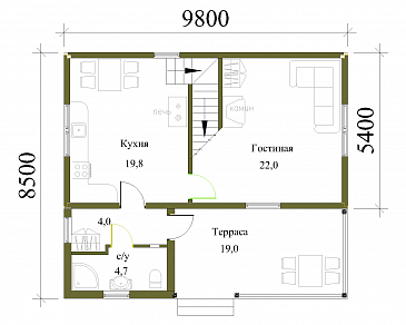 Проект недорогого дачного дома с балконом и двумя спальнями / План 1 этажа
