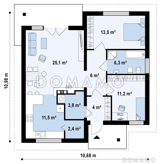 Проект одноэтажного дома из газобетона с двумя спальнями и крытой террасой / План 1 этажа