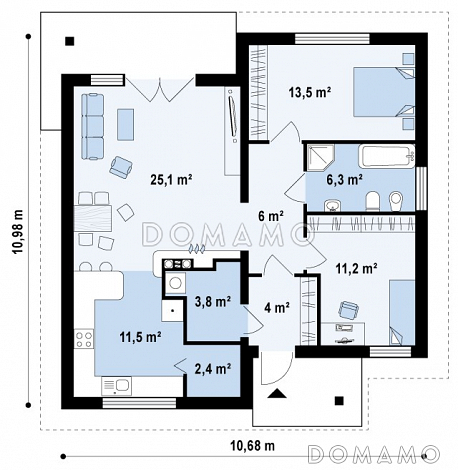 Проект одноэтажного дома из газобетона с двумя спальнями и крытой террасой / План 1 этажа