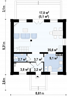Проект загородного дома простой формы с балконом, террасой с выходом из гостиной, изолированной кухней / План 1 этажа