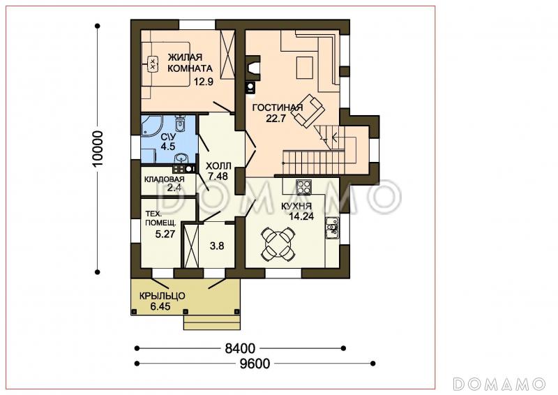 Проект компактного коттеджа с кладовой и пятью спальнями / План 1 этажа