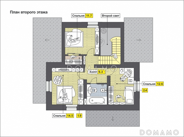 Проект дома рациональной планировкой с двумя террасами, вторым светом, изолированной кухней, тремя спальнями / План мансардного этажа