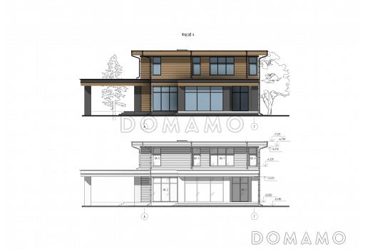 Проект просторного дома с навесом, верандой, сауной, 4 спальнями и кабинетом / Фасад 4